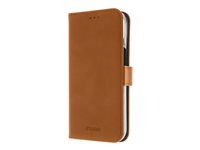 Insmat Premium - Läppäkansi matkapuhelimelle - aito nahka, polykarbonaatti, kartonki + paperi + alumiinifolio, puuvillaompeleet - ruskea malleihin Apple iPhone 15 650-3196